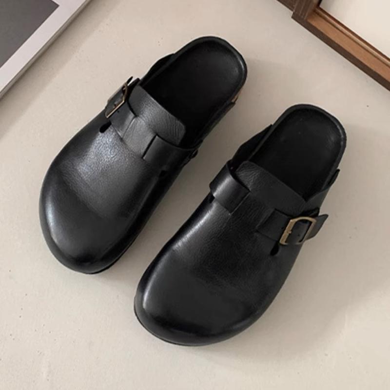 レディース 靴 牛革 厚底 包頭サンダル 半・尽鞋 丸型トゥ 黒 ベージュ 接触冷感 吸湿速乾 軽量 夏用 普段使い 通勤 履き心地 柔軟素材 再生繊維 ラバーソール 春夏 女性用 足元ファッション 快適スリッポン 屋外対応 ビーチサンダル トゥオープン