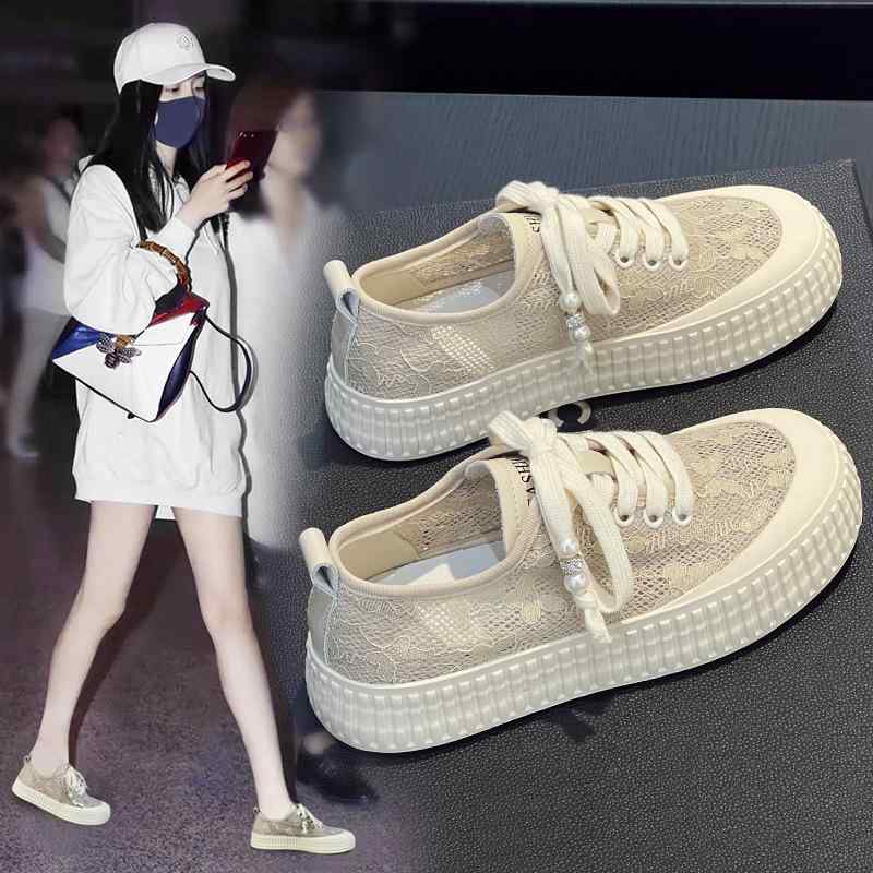 女性 厚底 漁夫靴 夏 透気 レース ネット スニーカー 丸頭 低・悉 軽便 耐摩耗 真皮 シューズ 黒 杏色 日常 ファッション 靴 厚底靴 夏靴 レースアップ 靴 網面 靴 軽量 靴 通気性 靴 花柄 靴 ビスコース 靴 クロス ストラップ 靴 日常使