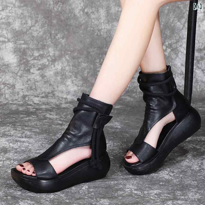 ローマサンダル 女性用 厚底 ハイカット ウェッジヒール 魚口 オープン トゥ シューズ 夏用 ファッション ブラック ブラウン PU素材 丸トゥ 後ろジッパー ラバーソール 軽量 伸縮性 吸湿速乾 普段使い 歩きやすい ローマスタイル ビンテージ風 カ