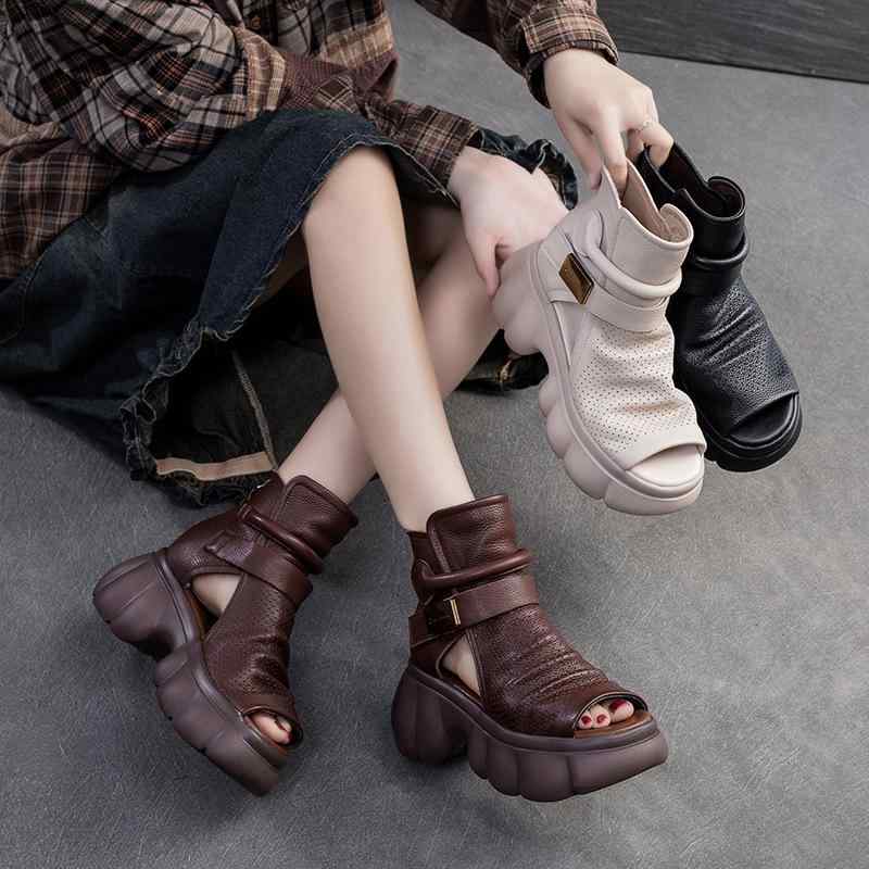 女性用 魚口サンダル オープントゥ 透かし加工 メッシュ 通気性 夏用 軽量 快適 フィッシュマウスシューズ レディース バックジップ ラウンドトゥ ヴィンテージスタイル 牛革 ブラック ダークブラウン アイボリー