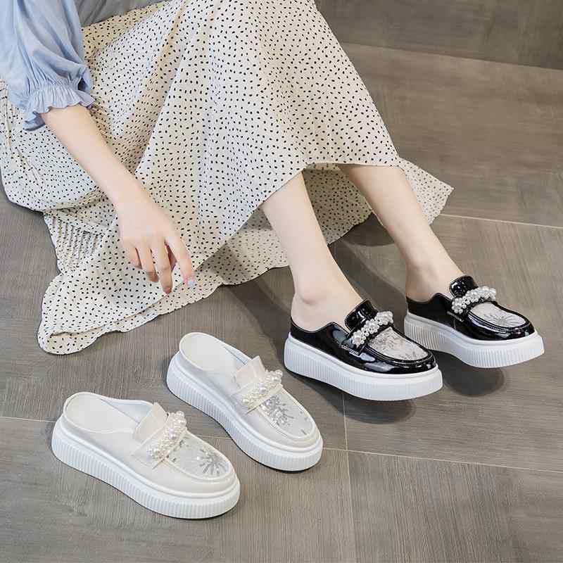 サンダル 女性用 厚底 厚底サンダル 珍珠 バックル 包頭 オープンバック ラウンドトゥ 韓国風 快適 ブラック ベージュ 光沢レザー メッシュ ポリウレタンソール 偽革内張り 防ひねり 身長補正 スカートコーデ 夏 春夏 軽量 通勤 普段使い 伸縮性 ｜シャドーテール
