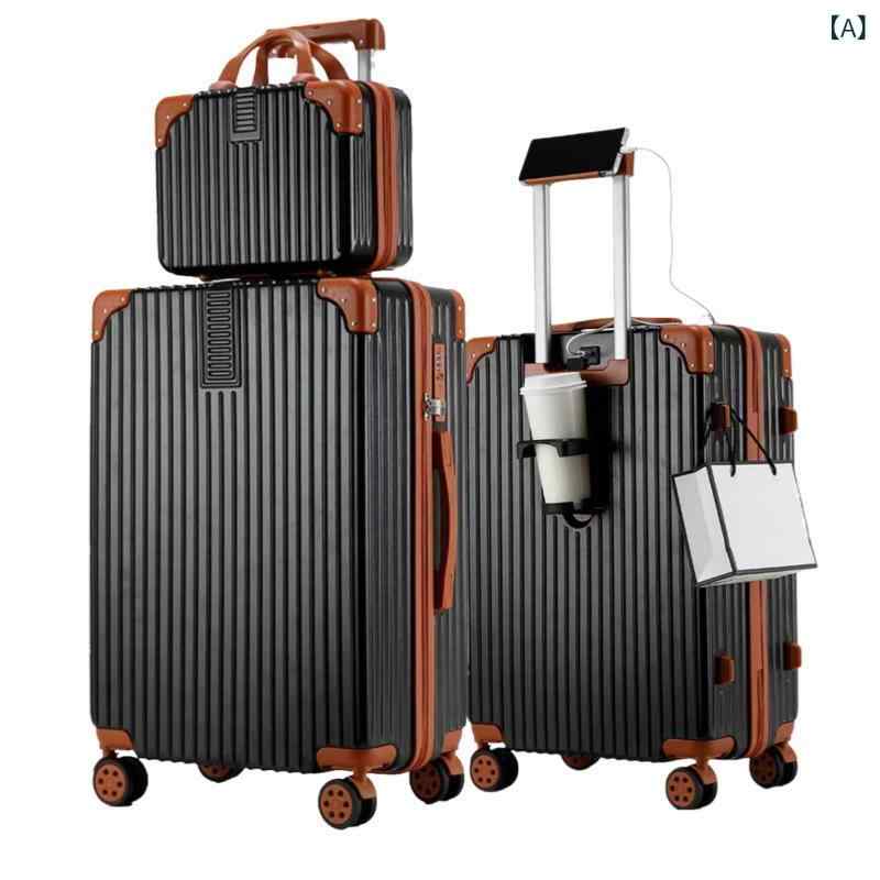 旅行 スーツケース キャリーバッグ 拉杆箱 男女兼用 登機箱 多機能 子母箱 ABS PC 素材 軽量 伸縮性 万向輪 充電口 スマホスタンド 掛金具 カップホルダー 純色 条紋 デザイン 黒 ブラウン シルバー グリーン ピンク ホワイト 化粧箱 セッ