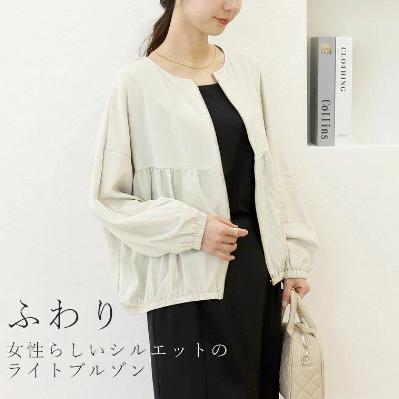 レディース 防晒 トップス 長袖 花瓣袖 ラウンドネック ジップ プルオーバー ワイド シルエット ショート丈 ミドル 厚み ポリエステル 混紡 ユニセックス フィット ブラック 杏色 日韓 カジュアル スタイル 快適 普段使い 軽量 吸湿 速乾 春夏