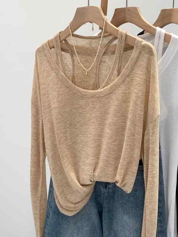 ノースリーブ トップス 長袖 防紫外線 カーディガン 春夏 セット レディース ゆったりシルエット 切り替え デザイン 接触冷感 綿混 素材 麦わら色 ホワイト ブラック 短丈 吸湿速乾 軽量 通勤 普段使い 私服