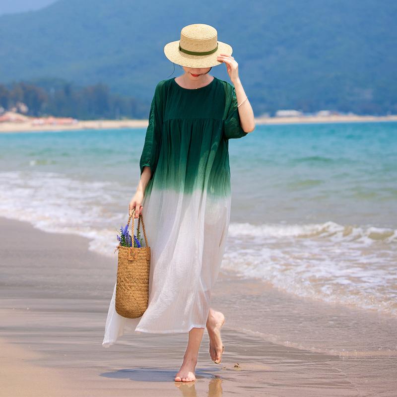 ワンピース 女性用 夏 綿麻 接触冷感 グラデーション 切り替え ?麻 七分袖 ラウンドネック ゆったりシルエット 大きめフレアスカート ビーチ リゾート 軽量 吸湿速乾 ミッドレングス ゆったり腰回り ヴィンテージ風 セットインスリーブ 単品 セットア 11,096円