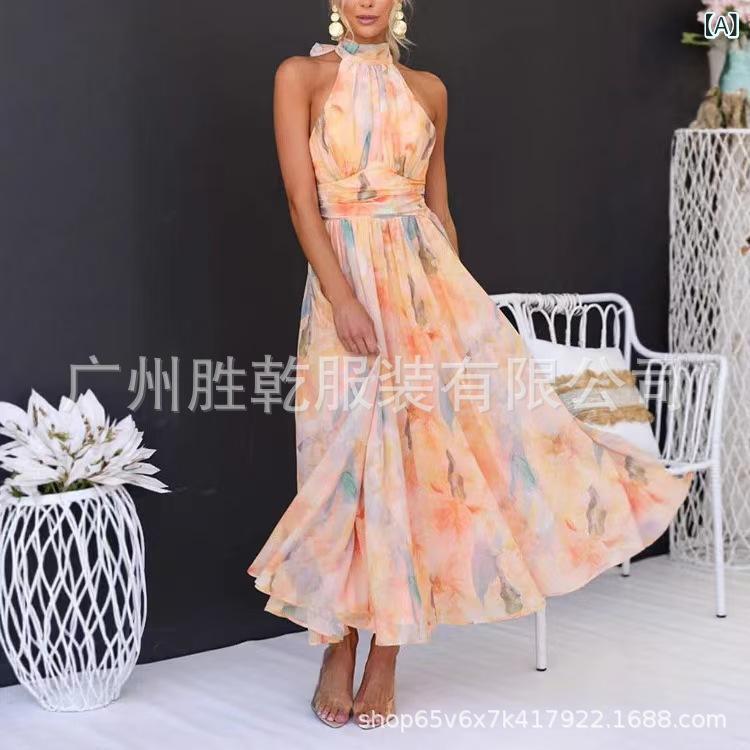 ワンピース 女性用 春夏 長丈 Aライン ノースリーブ 無印花柄 人物プリント 立体パターン フレッシュ スイート スタイル リゾート バケーション ビーチ ワイドウエスト タイバック ?? ?? 混紡 軽量 通気性 ゆったり シルエット かわいい ドー