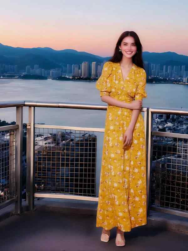 ワンピース レディース 春夏 気質 碎花柄 フレンチスタイル シャツフラワー 黄白色 プリーツ加工 ドレープ ハイウエスト 中腰 切り替え Vネック 泡泡袖 七分袖 ウエストベルト 長丈 スカート 雪?素材 ポリエステル 軽量 透け感 通勤 普段使い ゆ