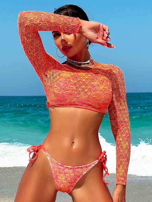レディース 三件セット 長袖 ビキニ 水着 網目 生地 外套 トップス ボトムス スカート 組み合わせ 女性用 夏向け 接触冷感 吸湿速乾 ポリエステル 混紡 伸縮性 軽量 速乾 機能 橘色 純色 デザイン シンプル スタイル ビーチ プール 遊泳 アク