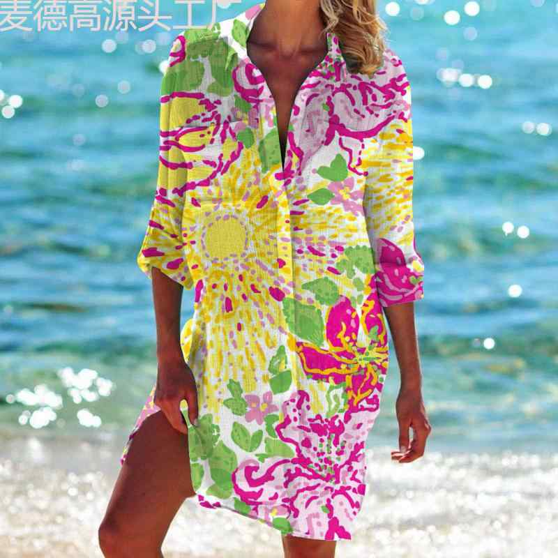 レディース 夏用 ビーチ シャツ 開襟 長袖 ワイドシルエット 立襟 ポリエステル 素材 数?プリント 柄 ゆったり フィット 軽量 吸湿速乾 涼しい デザイン 休日 外出 トップス シャツ ブラウス カバーアップ
