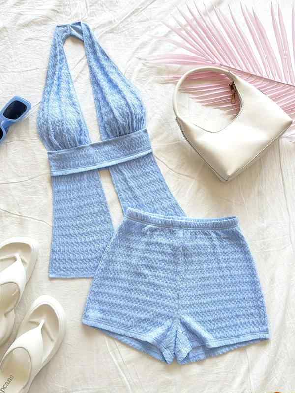 レディース セットアップ トップス ショートパンツ 接触冷感 ポリエステル 無袖 浅ブルー 夏 街頭スタイル セクシー ビーチ 度假 リゾート 軽量 吸湿速乾 カジュアル 女性用 休日コーデ
