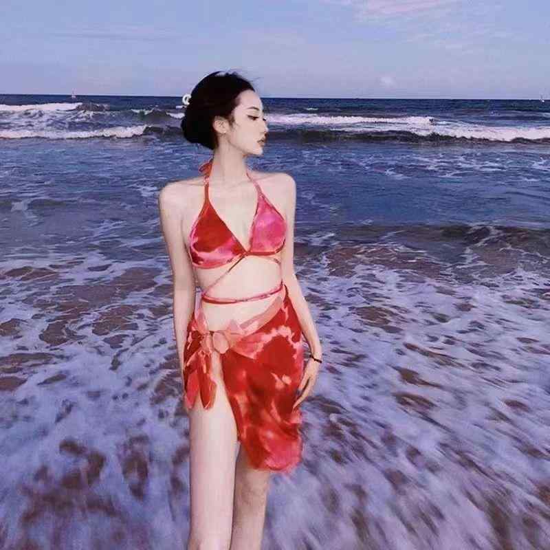 レディース 水着 セパレート ビキニ 3点セット タイダイ柄 セクシー 切り替え ガウン付き 赤 接触冷感 伸縮性 無鋼托 胸パッド 温泉 プール スイムウェア ヨーロッパスタイル ビーチ リゾート 女性用 かわいい 軽量 吸湿速乾 ニット生地 夏 秋
