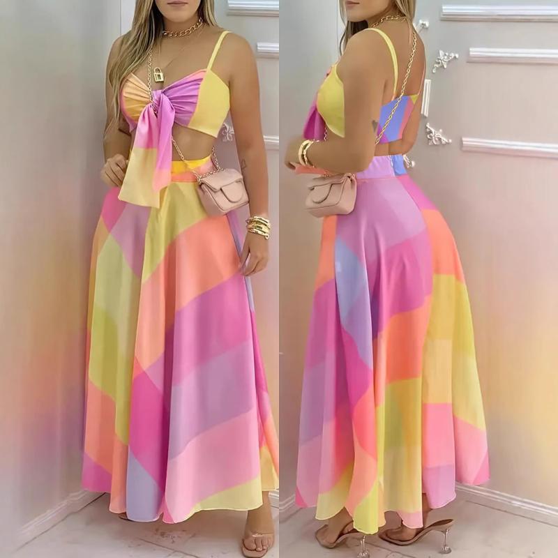 レディース セクシー 吊り帯 リボン クロップド トップス ジオメトリック プリント ジッパー ロング スカート セット ピンク 夏 ビーチ スタイル ポリエステル 無袖 かわいい 軽量 吸湿速乾 女性用 私服 セットアップ クロップトップ サイドジップ