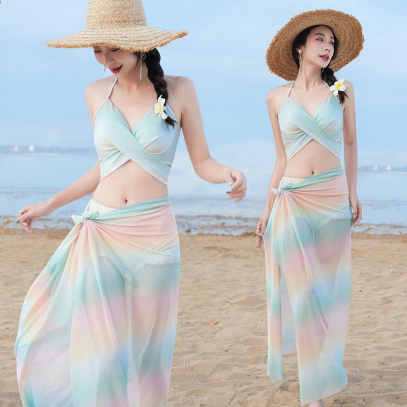ビキニ 水着 レディース セパレート 三点セット ショール 付き 防晒 緑 紫 接触冷感 ポリエステル 速乾 無鋼托 胸パッド 無袖 三角パンツ スイムウェア ビーチ 温泉 リゾート 夏 女性用 プール アクアスポーツ 軽量 伸縮性 ビッグサイズ かわい