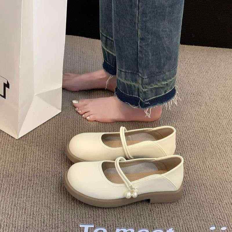 フラットシューズ 女性用 秋 ローファー メアリージェーン 厚底 低ヒール ラウンドトゥ 純色 中口 かわいい 甘め ラバーボトム PUインソール セットオン 汎用 軽量 快適 米白 カーキ ベージュ系