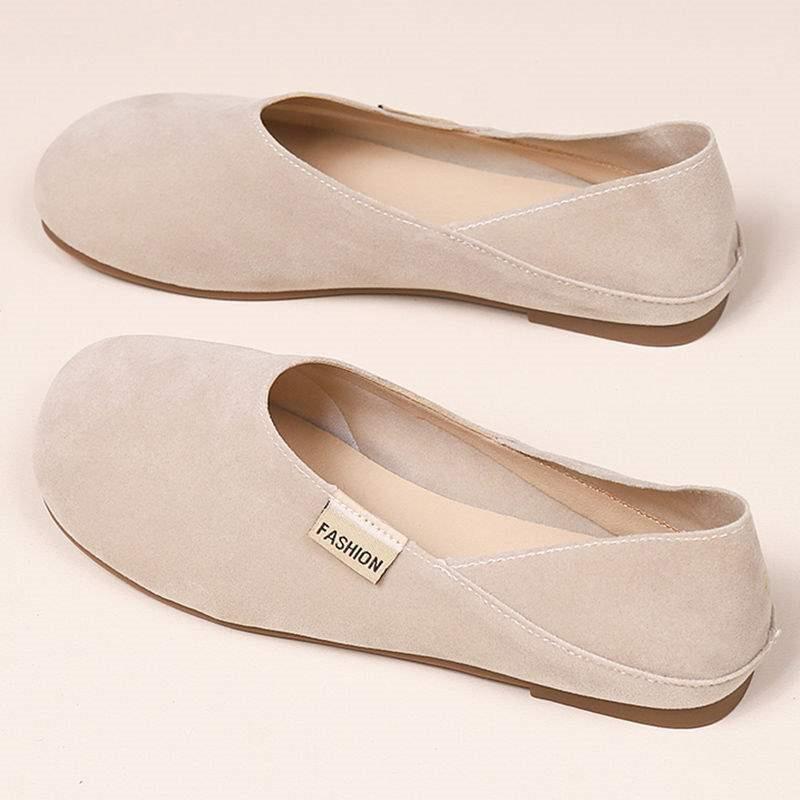 女性用 フラットシューズ 春夏 ローファー かわいい 切り替え デザイン 丸トゥ 粗中ヒール 6-8cm ベージュ系 ブラウン系 スエード素材 超繊維内張り ラバーソール 韓国風 ミドル丈 浅口 セットオンシューズ 普段使い 軽量 伸縮性 通勤 カジュア