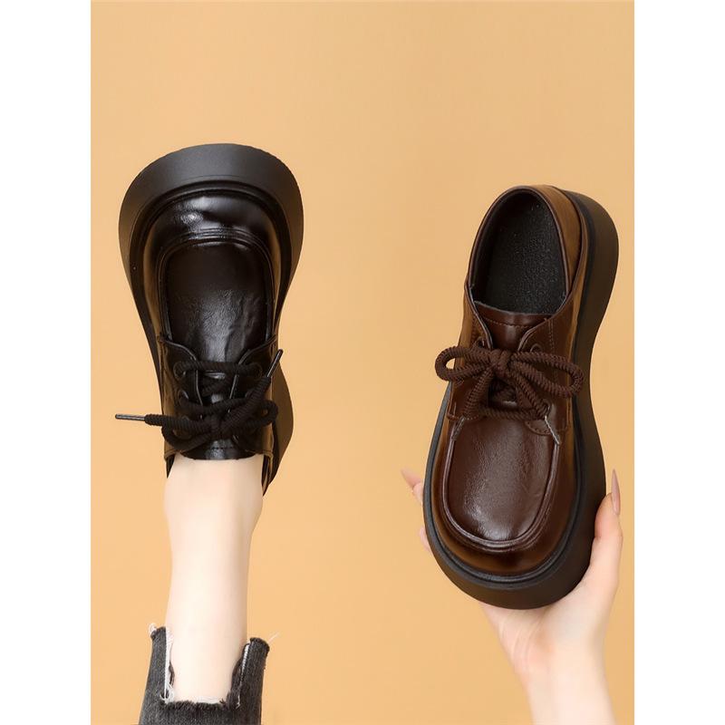 レディース 厚底 レザースニーカー ローファー フラットシューズ 女性用 学院風 丸トゥ 粗中ヒール 3-6cm 春季 純色 ブラック ブラウン PU素材 ラバーソール ソフトフィット 日常使い 軽量 通勤 普段着 伸縮性 切り替えデザイン ハイウエスト