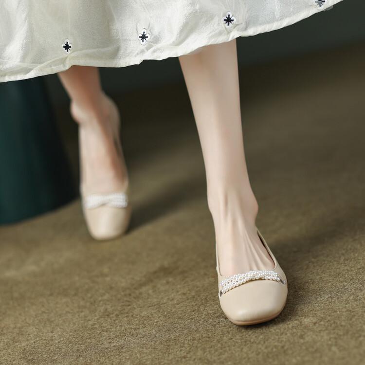 フラットシューズ レディース 春夏 ローファー 女性用 真皮 丸トゥ フラット ソール 串珠 ビーズ 装飾 軽量 伸縮性 吸湿速乾 接触冷感 米白 アイボリー 杏色 ベージュ カジュアル 普段使い 通勤 通年 シンプル かわいい ファッション 靴