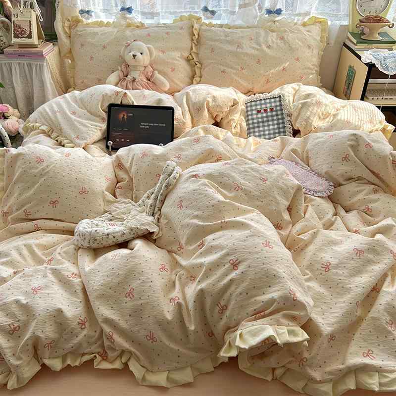 ベッドルーム 春夏 フレンチスタイル ガーリー 花柄 レース フリル プリーツ 全棉 接触冷感 吸湿速乾 軽量 植物柄 蝶結 波点 パステルカラー ピンク系 紫系 ベッドシーツ セット 大学生 部屋着 寝具