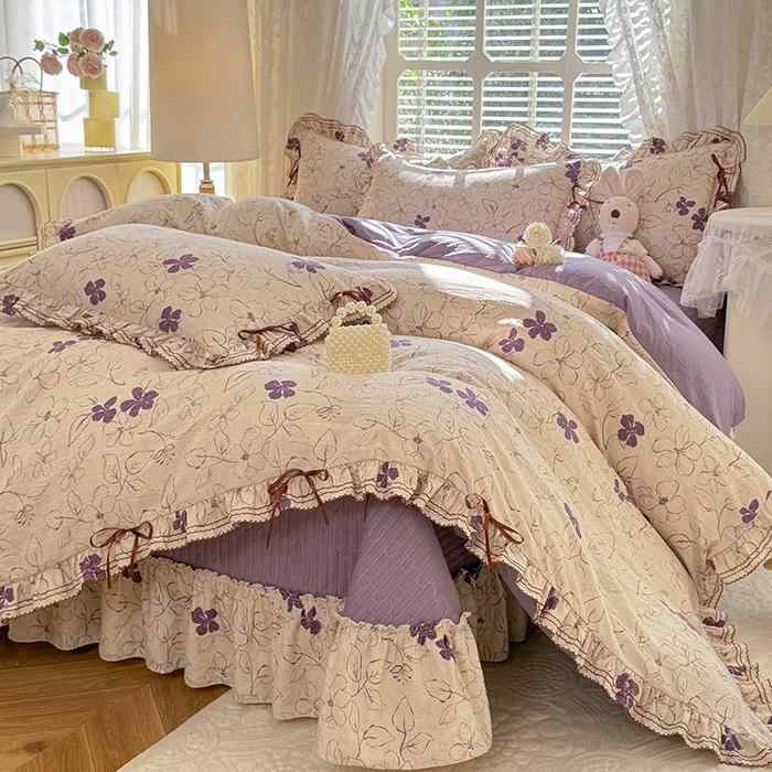 ベッドカバーセット 法式 プリンセス柄 水洗綿麻 秋冬 加厚 花辺 切り替え クッション性 吸湿速乾 軽量 花柄 植物モチーフ 幾何学柄 ピンク系 アイボリー ベッドシーツ 枕カバー 4点セット 寝室用 フラワーデザイン ソフトタッチ 保暖 日常使い