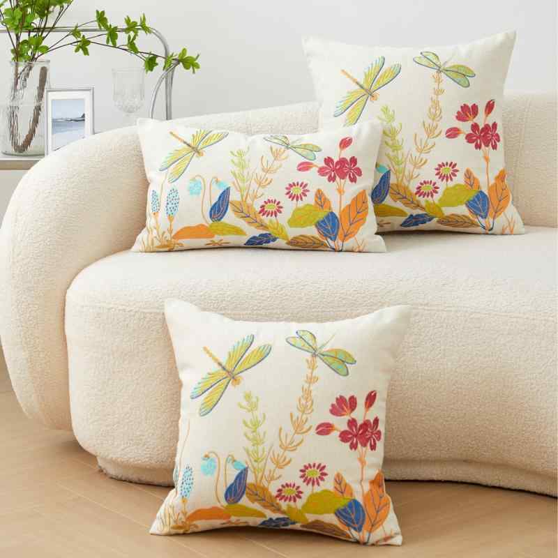 抱枕カバー 田園風 蜻・暘 花柄 刺繍 綿麻素材 ソファ クッション 現代 シンプル 西瓜赤 45x45cm 30x50cm 植物 花卉 ポリエステル フィリング ホームインテリア 日常使い 軽量 通年