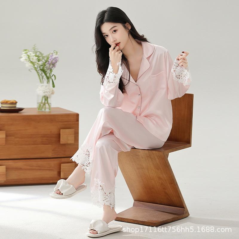 女性用 寝具 セット 接触冷感 ポリエステル 長袖 長ズボン 翻領 レース フリル かわいい ピンク ブルー ホワイト ベージュ レッド 居家 ルームウェア カジュアル 快適 通年用 ホームウェア インナー ゆったり ソフト素材