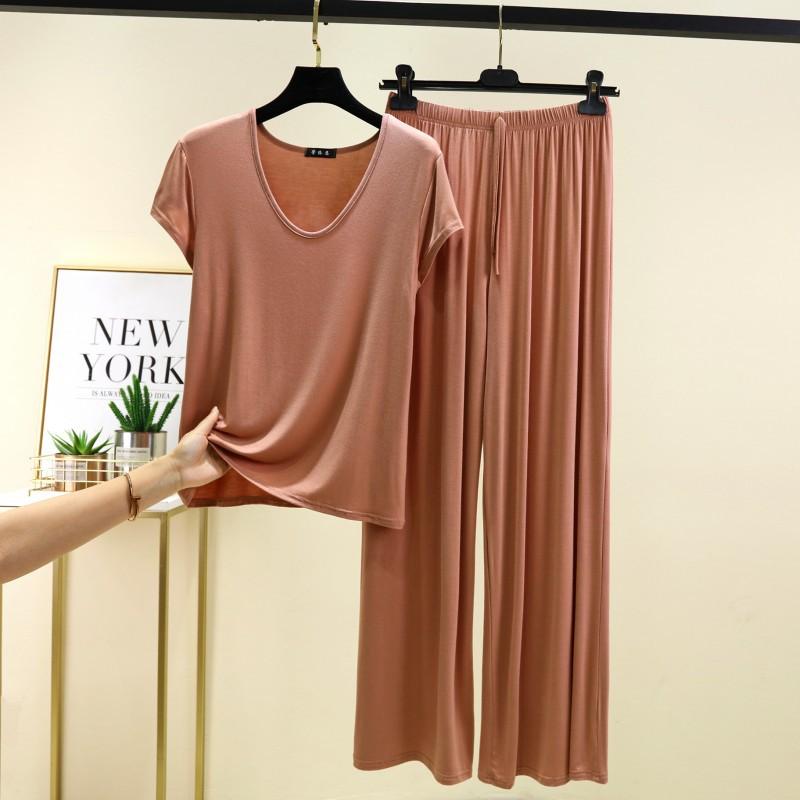 パジャマ セット 女性用 春夏 秋 大きいサイズ ゆったり トップス ショートスリーブ ロングパンツ 薄手 モダール 透気性 快適 寝間着 部屋着 外出着可能 Uネック シンプル カジュアル ブラック ベージュ ブラウン グレー グリーン ブルー ピンク
