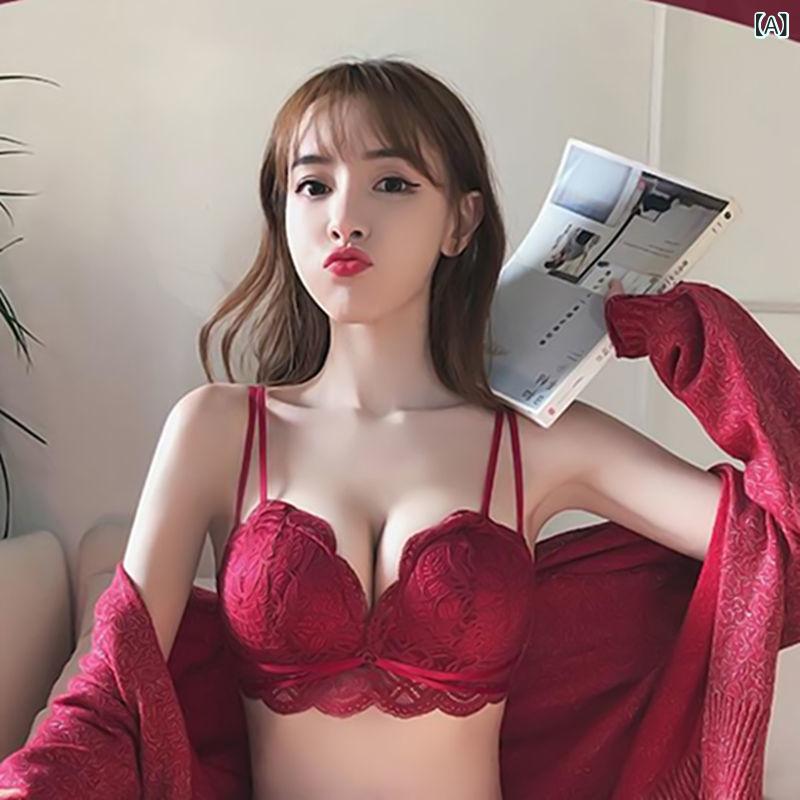 ブラジャー ショーツ セット レディース ワイヤレス 調整型 3/4カップ レース プッシュアップ 加厚 かわいい 純欲風 接触冷感 伸縮性 快適 肩ストラップ 取り外し可能 後ろ3列フック ポリエステル 70-80% 酒赤 紫 ブラック 春夏 軽量 日