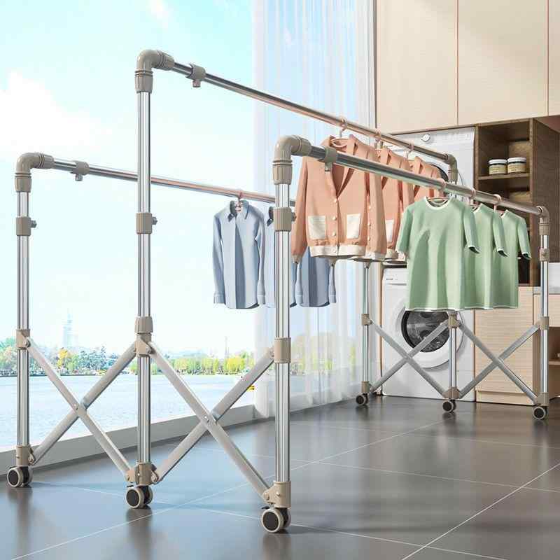 折りたたみ 室内 洗濯 ラック 不?? 伸縮 ダブル ポール 移動式 家用 ベランダ 収納 フレーム 加厚 耐風 仕様 中杆 高さ調整 丸管 方管 滑輪 三杆 機能 軽量 耐久性 コンパクト 収納 便利 グレー