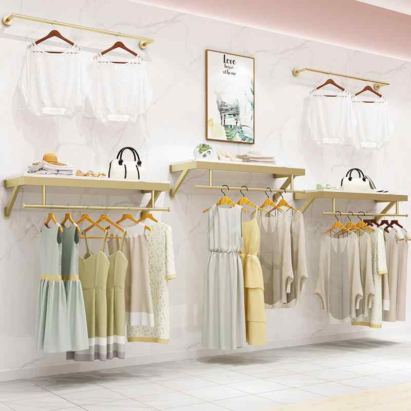 壁掛け 衣類 ハンガー 金属製 壁掛け式 衣類 ディスプレイ ラック 童装店 壁面 インテリア 金色 棚 多機能 現代 シンプル スタイル 長さ80cm 100cm 120cm 150cm タイプ 無板 板付き