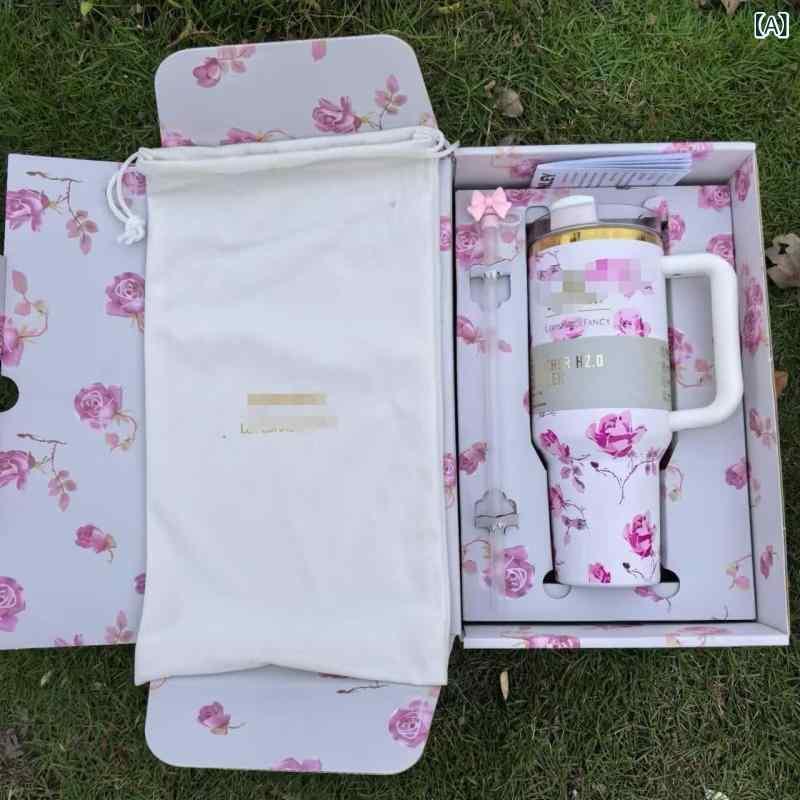 ステンレス 保温ボトル 大容量 40オンス 1200ml 真空断熱 6時間以上保温 家用 車載 外出 旅行 運動 吸管付き 直身型 現代シンプル デザイン 加厚 防・折 軽量 ポータブル 繁花 白 繁花 ブルー 繁花 パープル 繁花 ピンク ブルー リボン