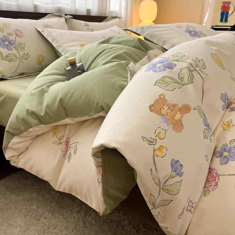 秋冬 ベッド シーツセット 100% 綿 フランネル 加工 保暖 加厚 花柄 植物 花卉 プリント 活性染色 床単式 欧風 クラシック スタイル 吸湿性 柔らかい 肌触り 四季通用 軽量 快適 寝具 セット 枕カバー 付き