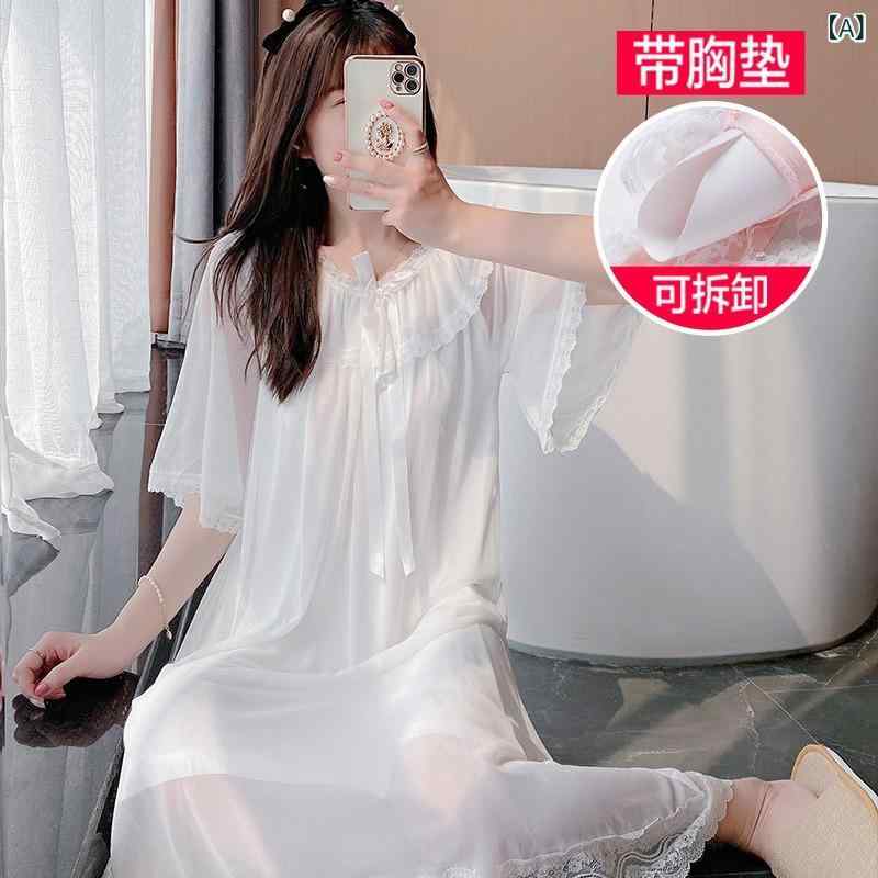 パジャマ 女性用 レース プリンセス コットン 夏用 透気性 薄手 短袖 丸首 長丈 かわいい 居家服 ピンク 白 快適 涼しい 睡眠用 可外穿