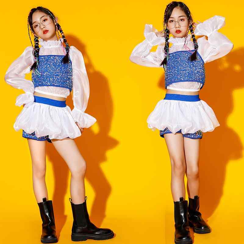 女児 ダンス衣装 キッズ 走秀 ファッション セット 夏 ステージ 衣装 ストリートダンス ジャズダンス 個性派 スタイル 接触冷感 ポリエステル 柔軟 素材 ブルー スパンコール 吊り紐 トップス ホワイト インナー ホワイト スカート 軽量 吸湿速乾