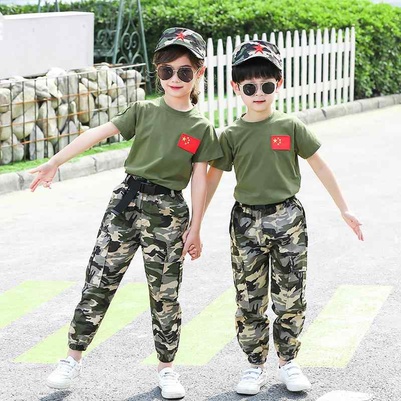 子供服 夏 迷彩 セット 軍訓 ユニフォーム キャンプ 運動 トレーニング 服 綿 100% 柔らかい 素材 男女兼用 短袖 短パン 長ズボン 組み合わせ 黒 カラーバリエーション 子供用 ダンス 練習着 屋外 活動 服装 軽量 通気性 速乾 伸縮性 ビ