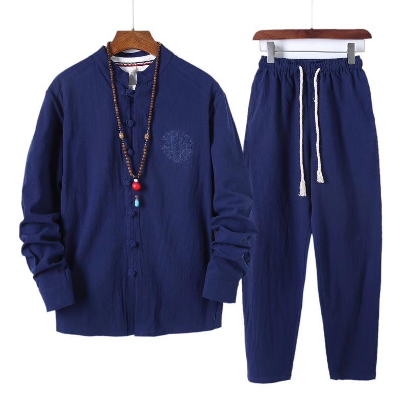 メンズ 中国風 秋冬 麻 セットアップ 唐装 漢服 トップス パンツ 盤扣 綿麻 茶禅服 復古 スタイル 中年 男性用 休? カジュアル 白色 ブラック ネイビー ワインレッド 軽量 吸湿速乾 春秋 対応