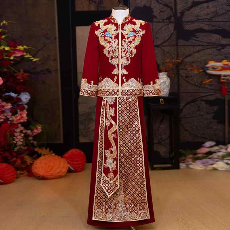 メンズ 結婚礼服 中式 唐装 敬酒服 新郎装 秀禾服 龍鳳褂 接親 ポリエステル 繊維 印花 デザイン 針織 加工 中国風 スタイリッシュ 青年向け 通年使用 ウェディング シーン フィット
