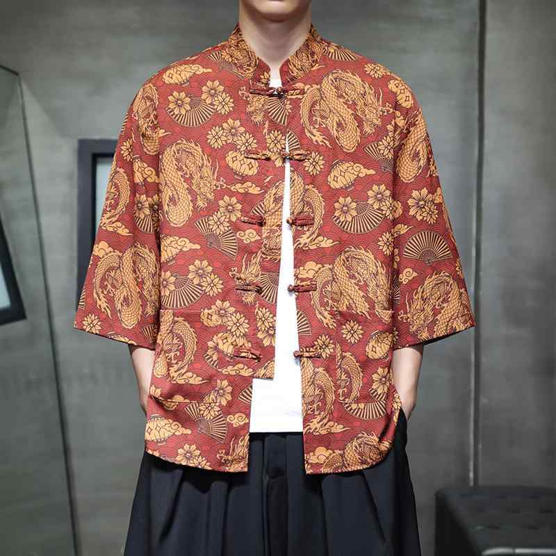 メンズ 七分袖 シャツ 唐装 盤ボタン 漢服 大きいサイズ 印花 接触冷感 化繊混紡 ポリエステル 夏 ブラック ワインレッド ネイビー ブルー カーキ ベージュ ビッグシルエット 涼しい 通勤 普段使い レジャー インディゴ ダークカラー 軽量 吸湿速