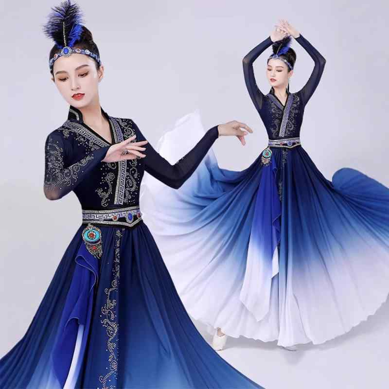 蒙古舞 踊り 衣装 女性用 ロングスカート 大きなフレア セパレート ポリエステル 紺色 春夏 舞台衣装 ダンスウェア 民族風 フレアスカート ゆったりシルエット 通気性 軽量 動きやすい 伝統柄 ダンスパフォーマンス ロング丈 分離式 コスチューム ダ｜シャドーテール