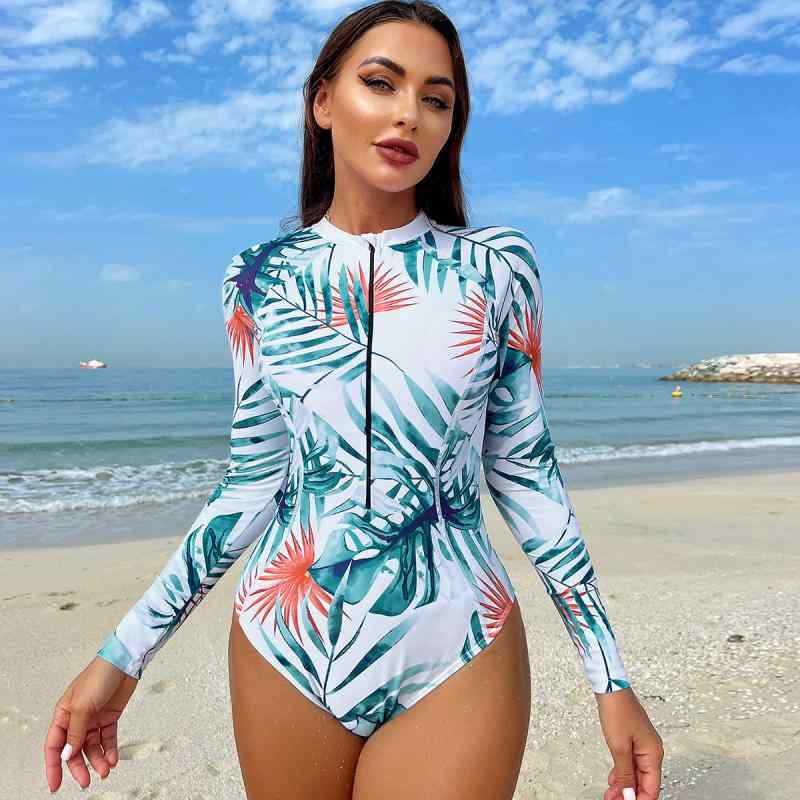 レディース 連体泳衣 長袖 ジッパー 夏用 セクシー プリント柄 スリムフィット スポーツタイプ 白緑 接触冷感 伸縮性 軽量 吸湿速乾 保守デザイン 小清新 復古ドット 泳ぎ 水中運動 女性用 ビーチ プール トップス ボディスーツ