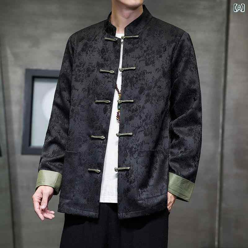 メンズ 秋冬 ジャケット チャイナスタイル 中山装 盤ボタン 切り替え コットン ウール混 接触冷感 軽量 暖か 通勤 普段使い ブラック ヒョウ柄