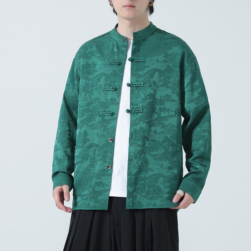 メンズ 唐装 漢服 長袖 盤扣 シャツ 外套 トップス 復古 中式 切り替え デザイン コットン混紡 ポリエステル ブラック 赤 グリーン 春秋 秋冬 レジャー ゆったり 大きいサイズ カジュアル スタイル 軽量 吸湿速乾 機能 ハイネック スタンドカラ