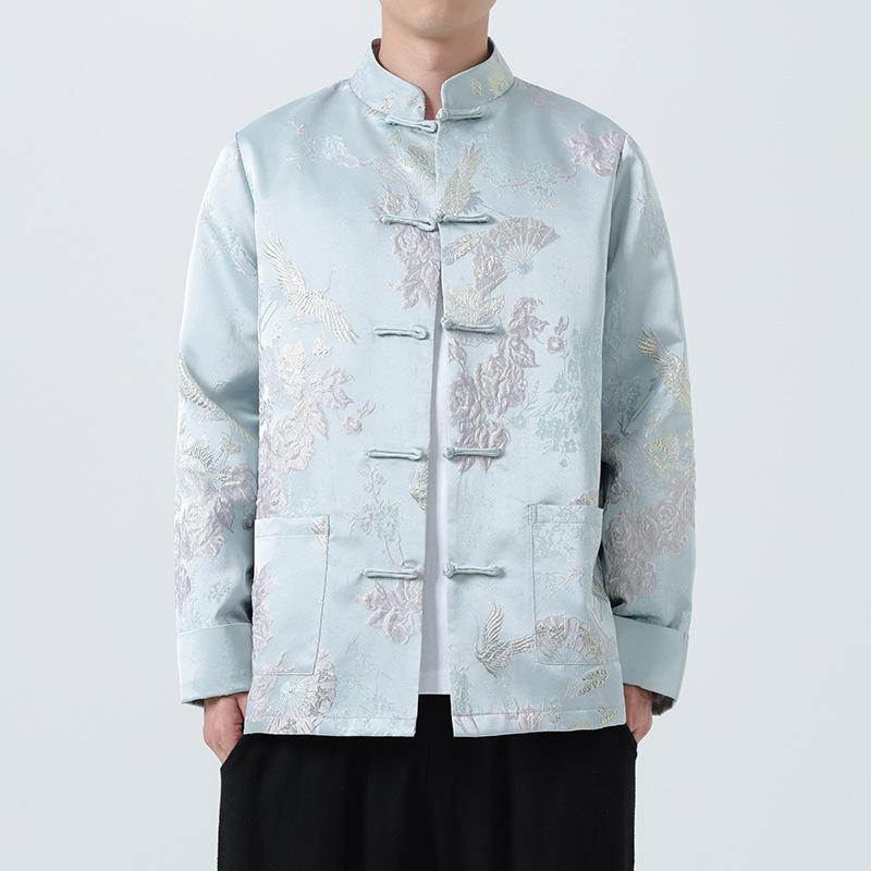 秋冬 中式 ジャケット メンズ 漢服 唐装 復古 コート 灯芯? アクリル 素材 ビッグサイズ 米色 ブルー カラーバリエーション ゆったり シルエット 軽量 保温 機能 秋 冬 シーズン 対応 復古 スタイル トレンド ミックス レイヤード コーディネ