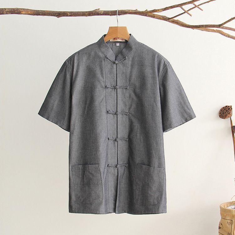 メンズ 春夏 短袖 中華風 漢服 盤扣 デザイン コットン 混 シャツ ジャケット 復古 スタイル 軽量 通気性 良い 米色 ブラック ネイビー ホワイト グレー 普段使い 民族風 居士服 風 通勤 カジュアル 着用