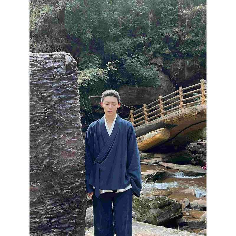 道袍 コート メンズ 綿麻素材 七分丈 太極拳 練習着 居士服 灯芯? ウール混紡 ユニセックス ダークネイビー ブラック ゆったりシルエット 通勤 日常使い 伝統柄 軽量 通気性