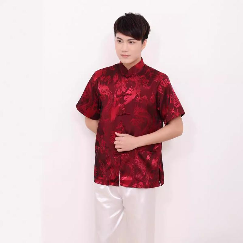 メンズ唐装 チャイナ服 短袖上衣 夏季 涼感 ポリエステル スエード風 切り替え 刺繍 盤扣 龍柄 復古 ゆったりシルエット ゴールド ワインレッド ホワイト ブラック ネイビー ベージュ ゆったりフィット 軽量 通勤 普段使い 春夏 秋