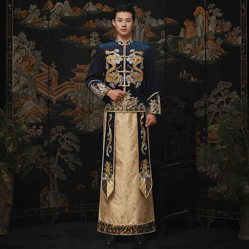 漢服 メンズ 結婚礼服 唐装 新郎用 接親衣装 龍鳳褂 藍色 復古スタイル ポリエステル ストレッチ素材 春季 ビッグサイズ 通年対応 軽量 吸湿速乾 フォーマルウェア｜シャドーテール 11,952円