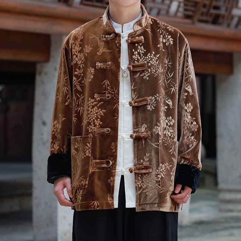 メンズ 秋冬 ジャケット コート 厚手 中山装 中国風 復古 トレンド ビロード プリント ビッグサイズ ゆったり コーデュロイ ストレッチ ブラック 深ブラウン 秋 冬 暖か 防寒 外出 普段使い メンズファッション カジュアル スタイル｜シャドーテール