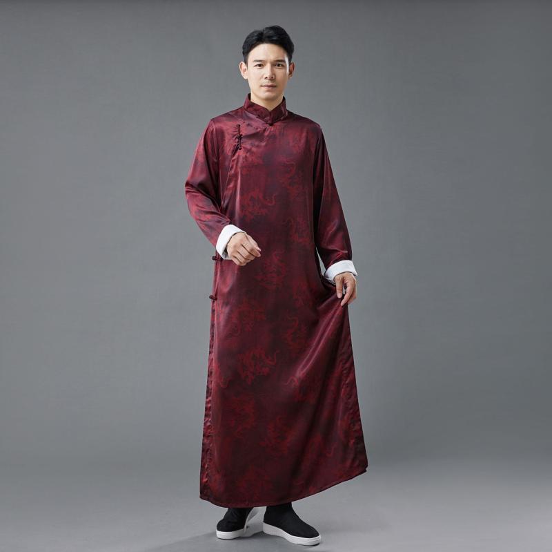 唐装 メンズ 紫龍 長衫 シルクサテン ポリエステル 印花 垂感 シワ耐性 手作業 盤扣 袖口 折り返し 切り替え 中国風 レジャー ユース ファッション 都市スタイル カジュアル トップス ロングシャツ ゆったり フィット 軽量 通勤 普段使い 春夏