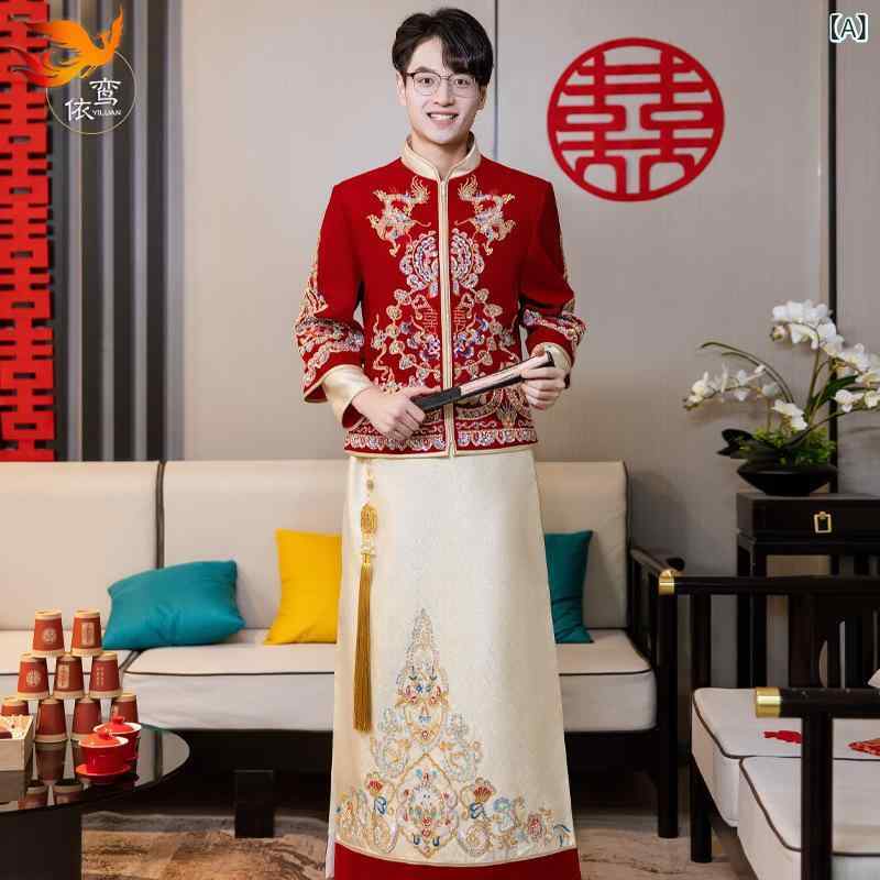メンズ シルク調 秀禾服 中式礼服 結婚敬酒服 接親服 唐装 龍鳳褂 大きいサイズ 秀禾服 復古 化繊混紡 ??素材 シルク調生地 光沢加工 伝統デザイン フォーマルウェア ウェディングスーツ 春季向け メンズファッション クラシックスタイル 軽量素材