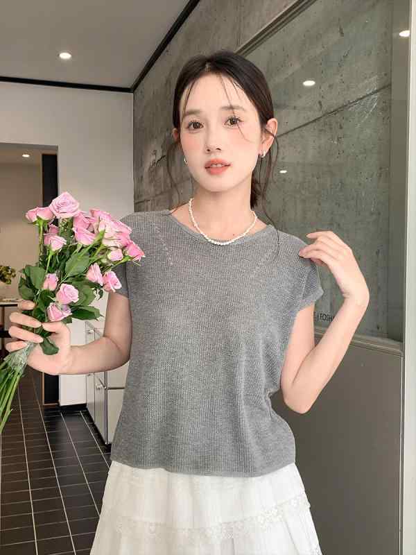 Tシャツ 女性用 夏 接触冷感 短袖 ラウンドネック 切り替え デザイン ニット トップス 綿混 再生繊維 麻 素材 吸湿速乾 軽量 伸縮性 グレー ブルー ホワイト ベージュ カジュアル 普段使い 日韓 スタイル 通勤 部屋着